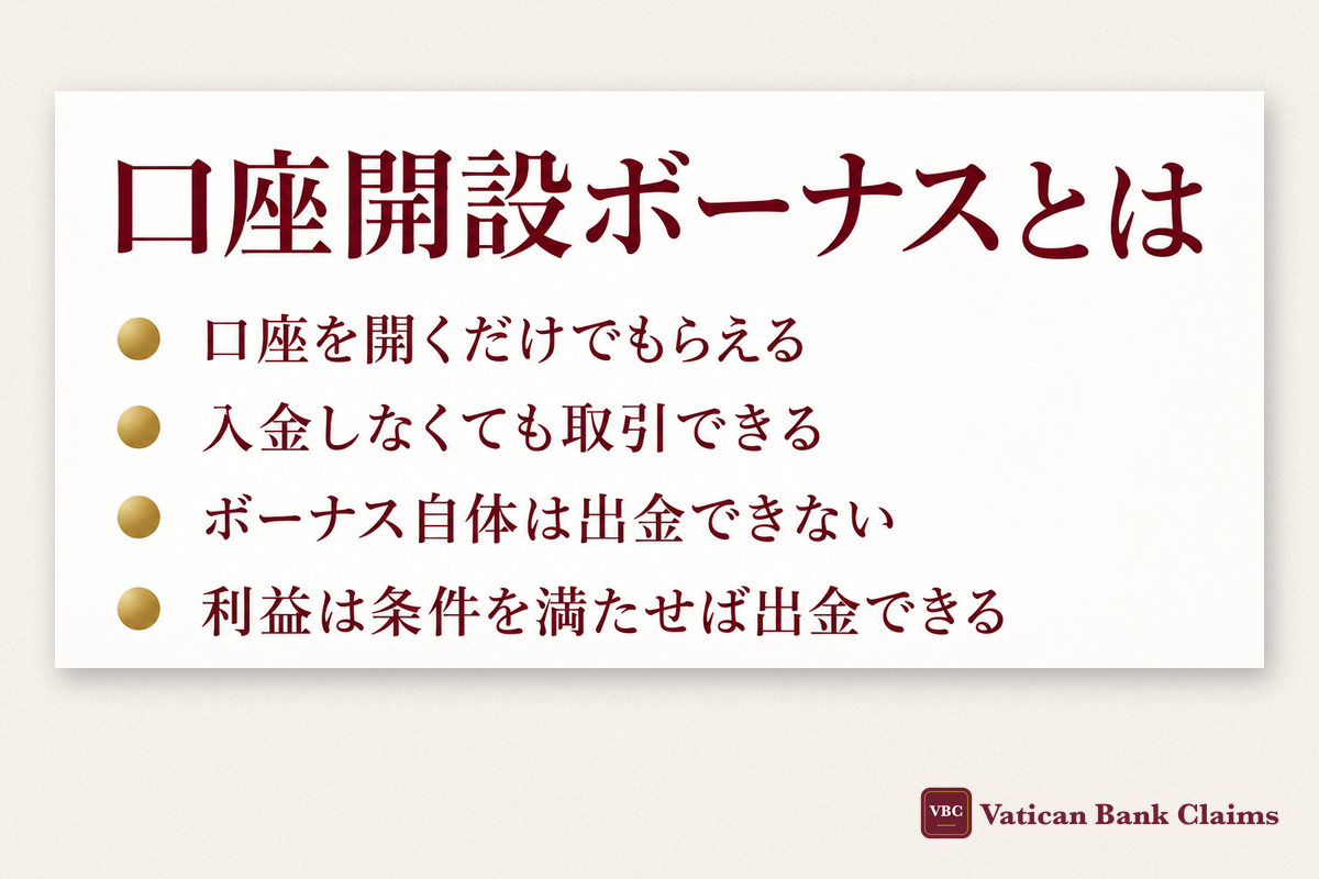 口座開設ボーナスとは:口座を開くだけでもらえる・入金しなくても取引できる・ボーナス自体は出金できない・利益は条件を満たせば出金できる